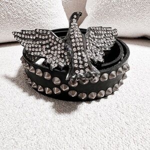 Black & Brown London Leather Studded Rhinestone Eagle Bird Belt Buckle Festival